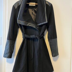 Badgley Mischka Black Trench Coat with Faux Leather Trim - Wool Blend
